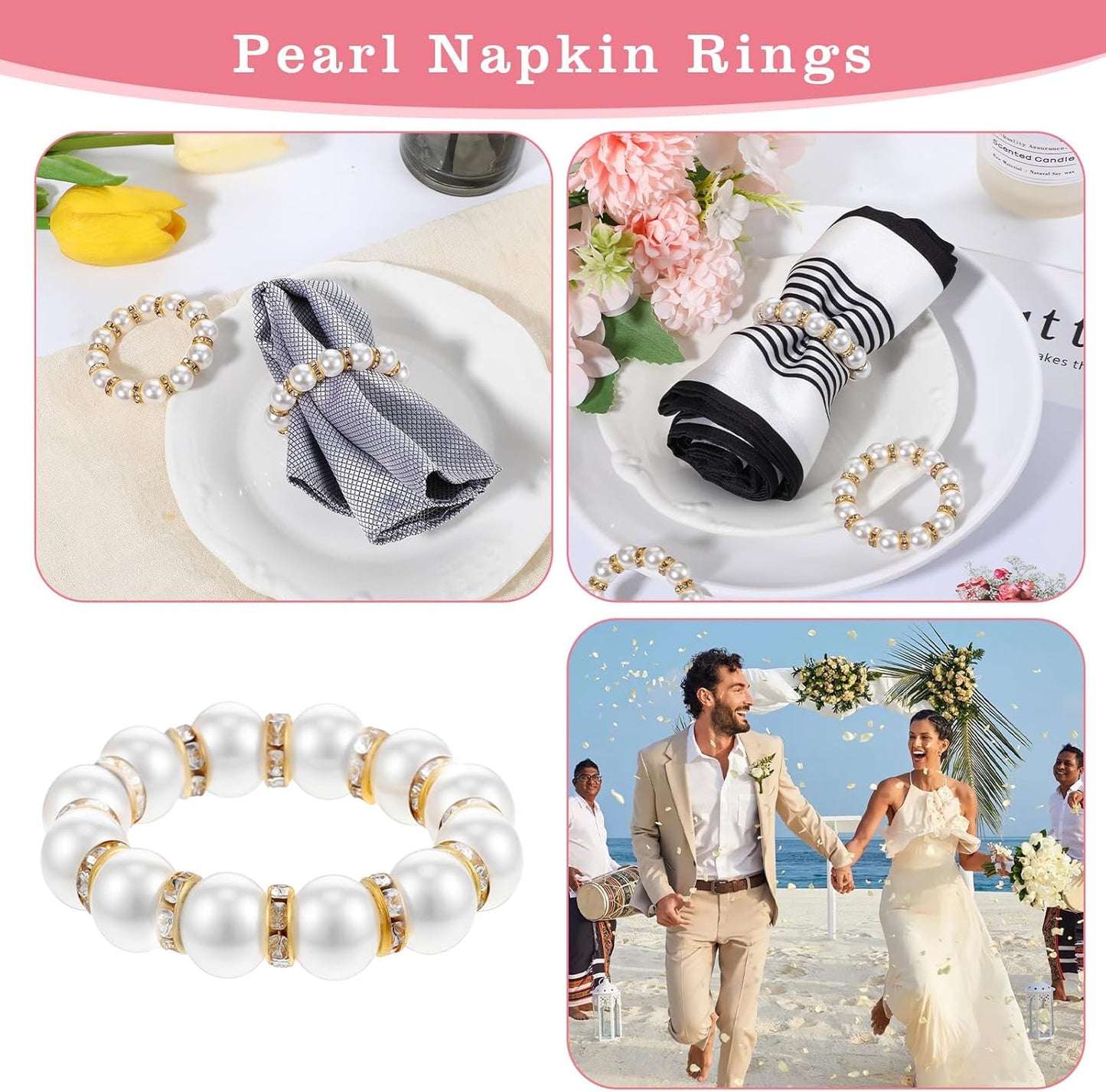 60 Pcs Wedding Pearl Napkin Rings, Pearl Napkin Rings Napkin Ring Holder Imitation Beaded White Napkin Ring Elegant Rhinestone Serviette Rings Buckle for Formal Wedding Home Dinner Party Decorations