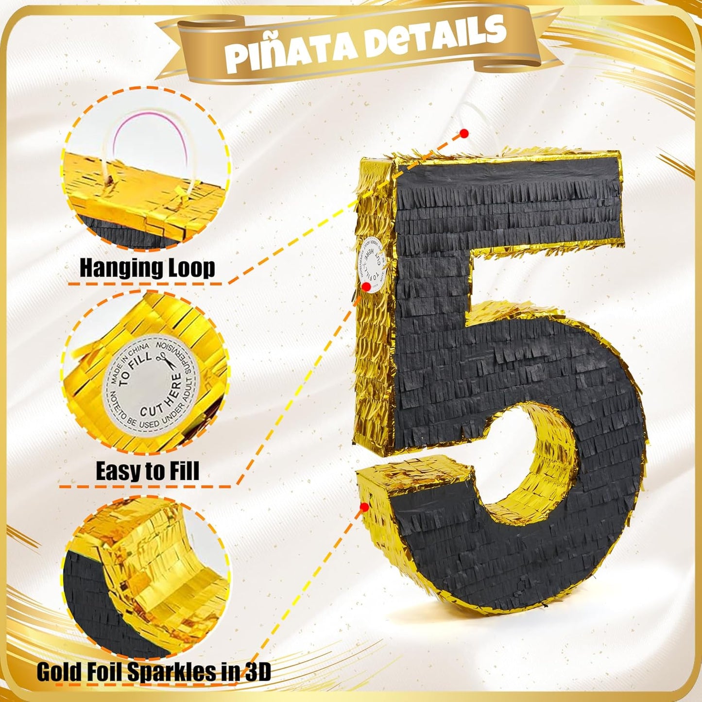 PCFING 20 Inch Number 5 Piñata Gold Black with 30 Inch Piñata Stick Blindfold Confetti for Man Women Boys Girls Birthday Party Decorations, Anniversary Celebration, Fiesta
