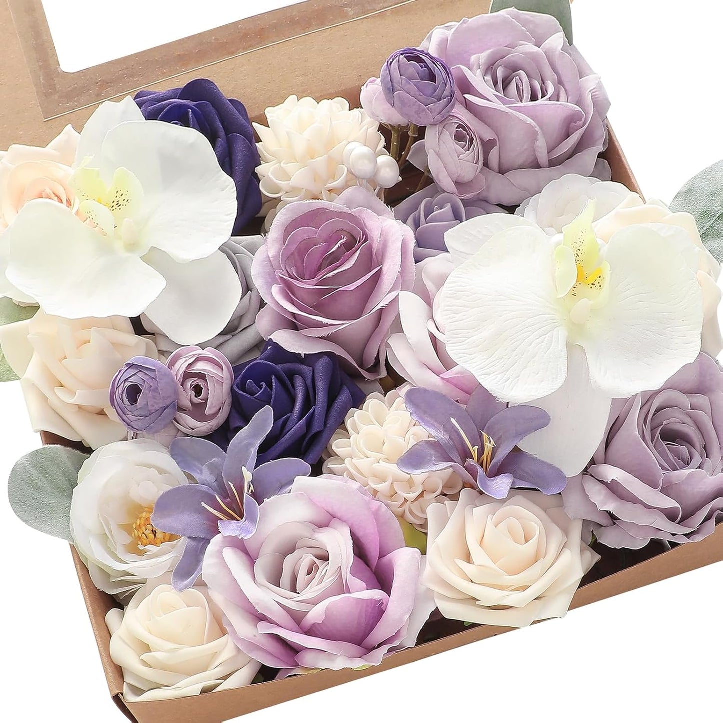 Floroom Lilac Lavender Purple Cream Artificial Flowers Fake Roses Dahlias and Greenery Combo Box Set for DIY Wedding Bouquets Bridal Shower Centerpieces Floral Arrangements Party Tables Decorations