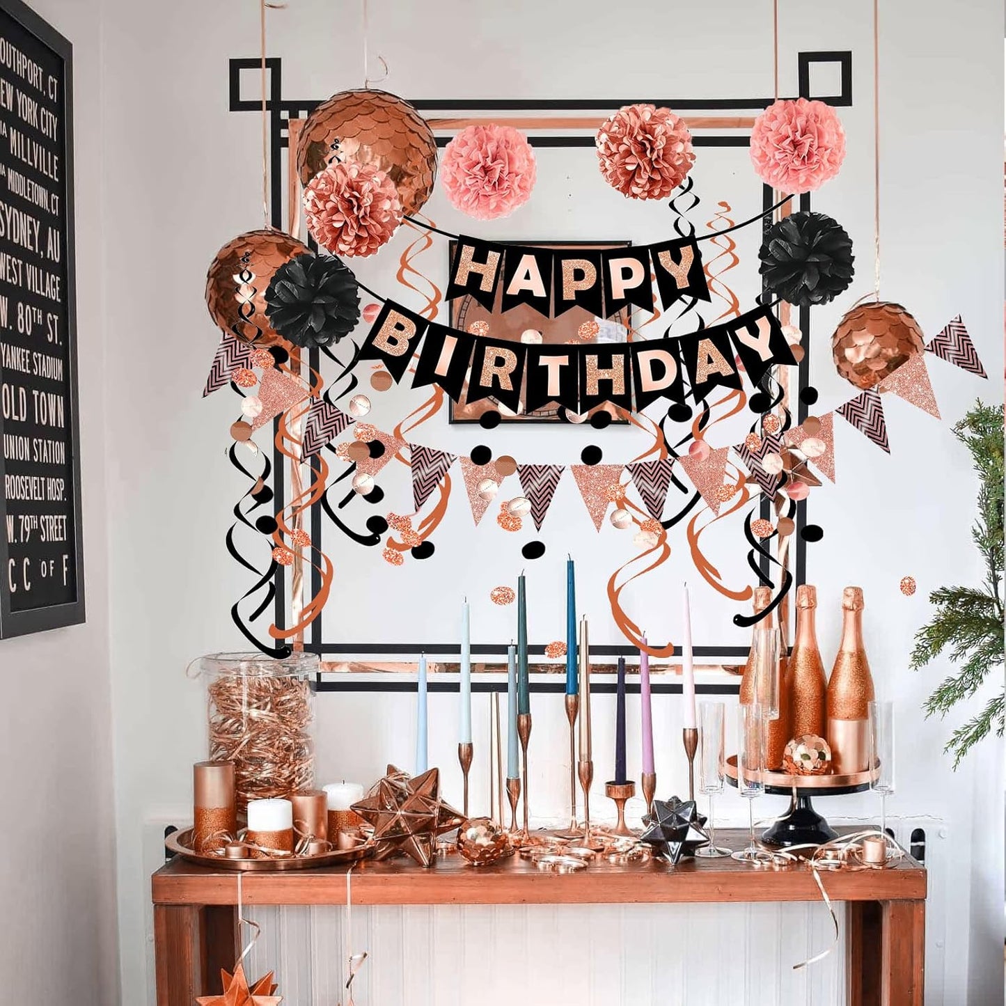 FECEDY Rose Gold Theme Happy Birthday Banner Flag Bunting Paper Circle Confetti Garland Swirl Streamers Honeycomb Ball for Birthday Party Decoration