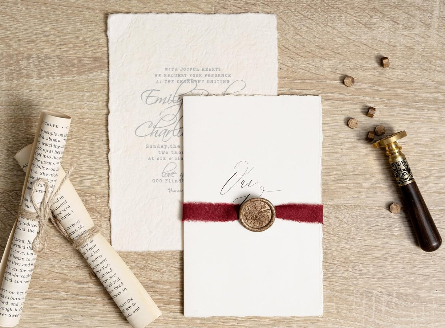 Burgundy Ribbon 5/8" x 21 Yards with Frayed Fringe Fabric Cotton Ribbons for Gift Wrapping Wedding Invitations Flower Bouquet Baby Shower