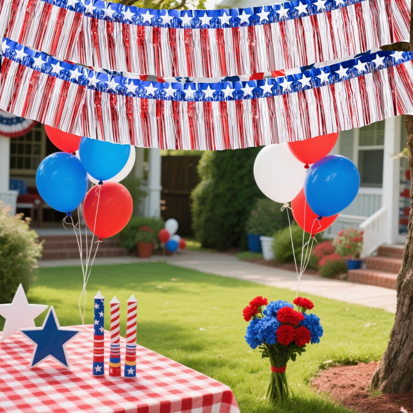 6 Pack 6.6 Feet Red Blue White Foil Fringe Garland Streamers，Red White Blue Star Metallic Hanging Backdrop Banner Table Skirts for 4th of July Decorations Memorial Day Patriotic Party Parade Floats