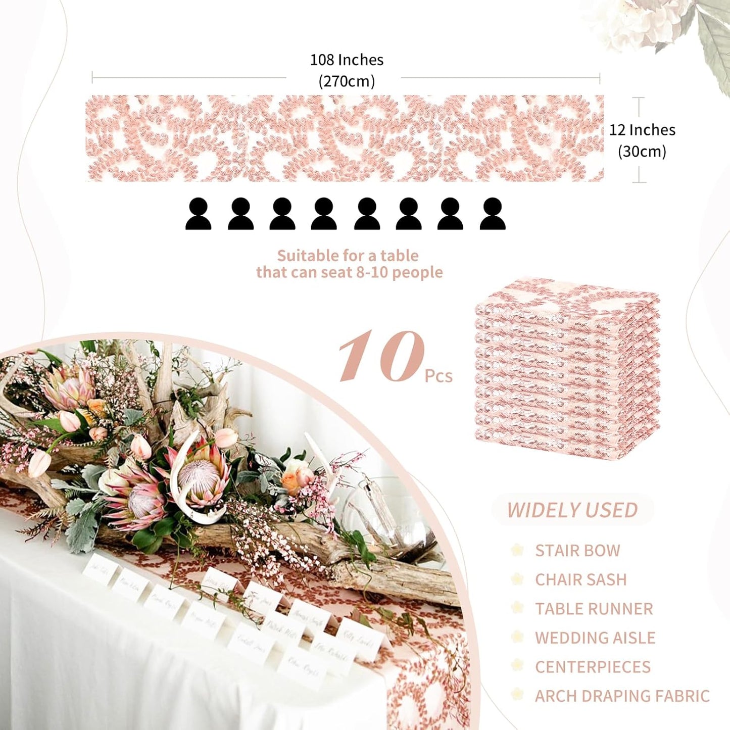 Wedding Sequin Table Runner Rose Gold Flower 10 Packs 12x108 Inch Glitter Table Runners for Banquet Table Decoration Sparkly Table Overlay