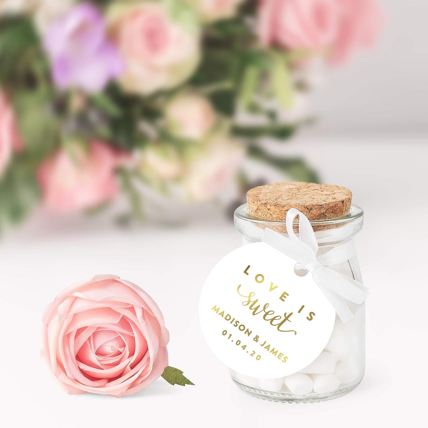 Andaz Press Personalized Round Circle Wedding Gift Tags, Metallic Gold Ink, Love is Sweet, 24-Pack, Custom Made Any Name