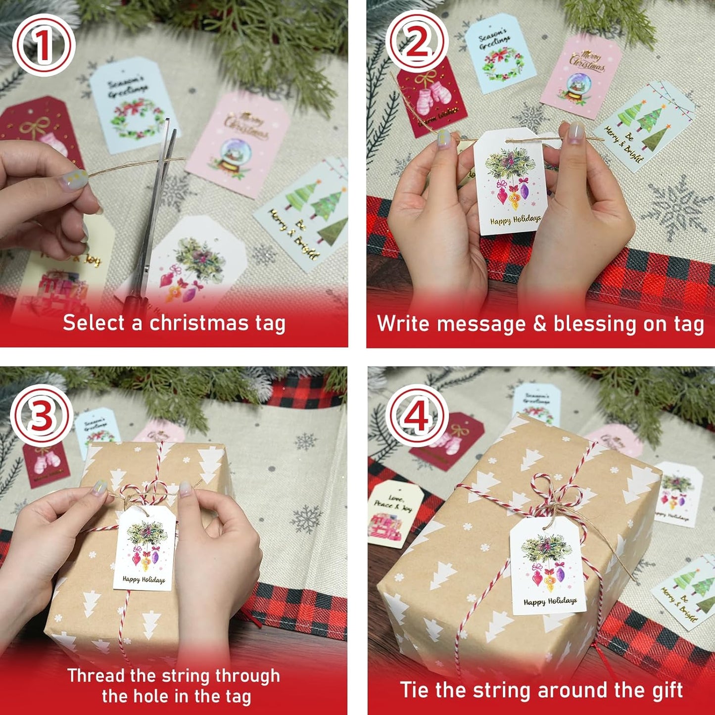 96 Pcs Christmas Gift Tags, Watercolor Christmas Hanging Tags Label Gold Foil with Hemp Rope Xmas Present Tag for DIY Xmas Holiday Present Wrapping Decorations, 6 Styles
