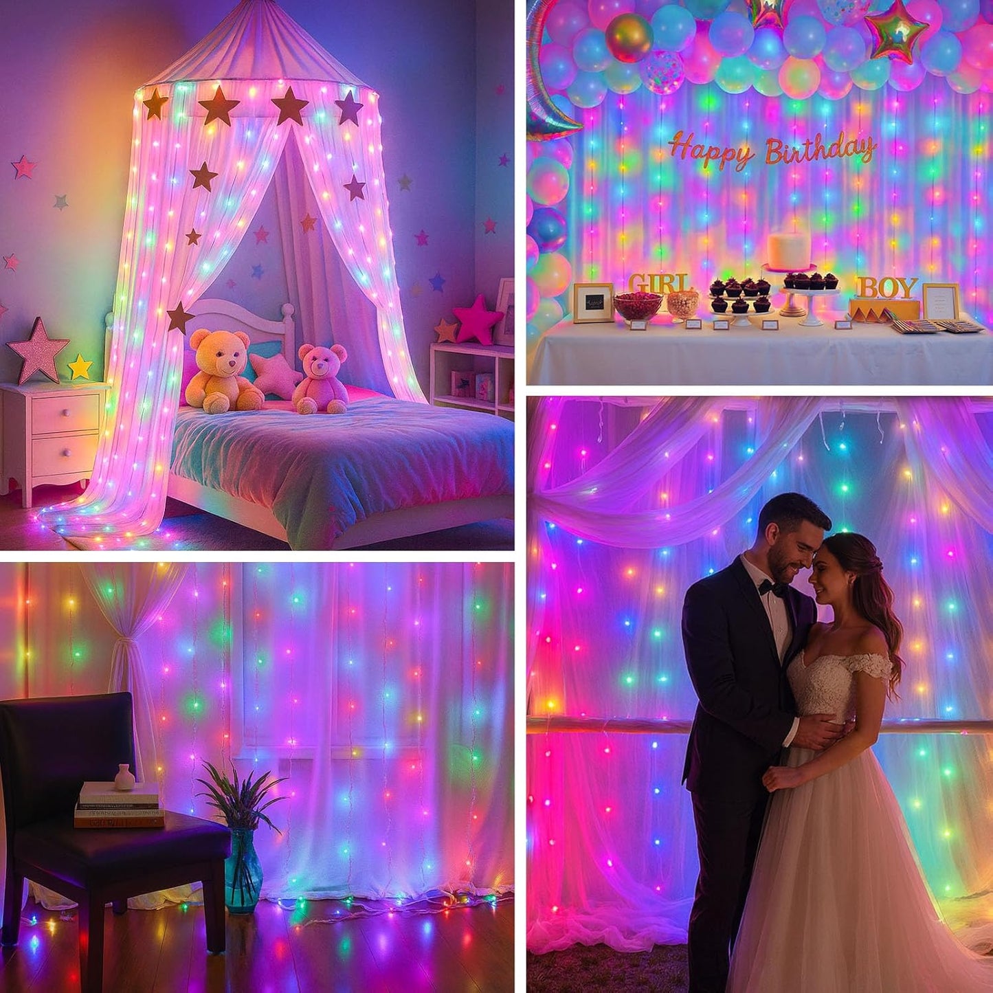 DomeStar 300 LED Fairy Curtain Lights, 9.8ft x 9.8ft Battery Operated with 8 Modes Remote Christmas Waterproof String Hanging Lights for Bedroom Patio Garden Party Wedding Wall Decor (Multicolor)