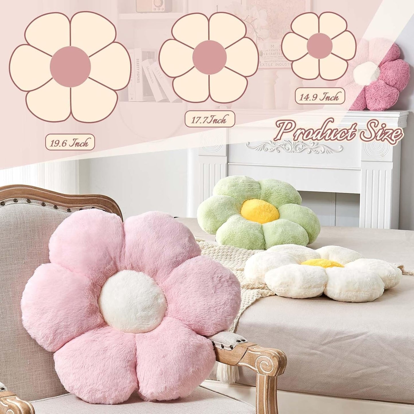 Pink Flower Pillow, 17.7" Flower Shaped Plush Decorative Throw Pillow for Bed