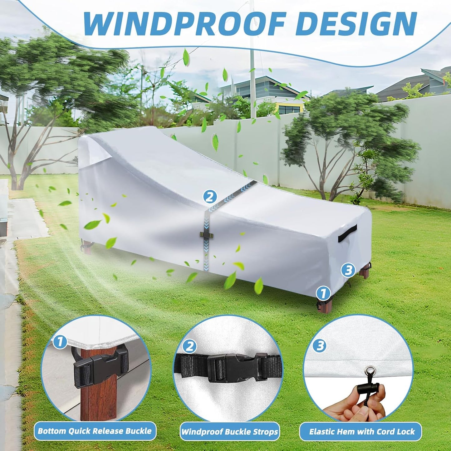 Patio Chaise Lounge Cover with Handles, Outdoor Lounge Chair Cover Waterproof UV Resistant, Patio Furniture Covers with Air Vent (76L x 32W x 32H) inch