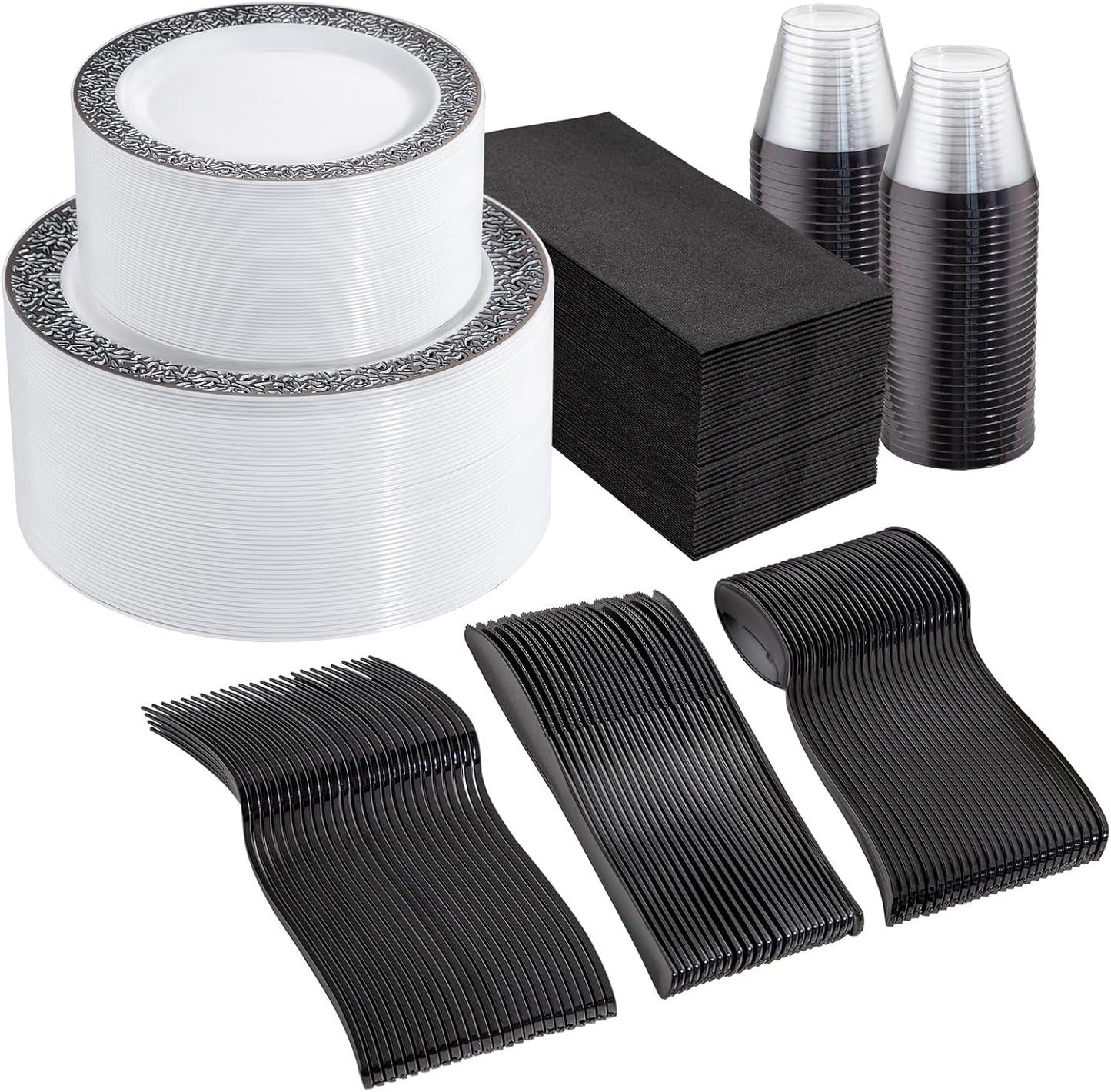 WELLIFE 350Pcs Black Plastic Dinnerware and Napkins Party Supplies Include:50 Dinner Plates, 50 Dessert Plates, 50 Napkins, 50 Cups and 50 Plastic Cutlery