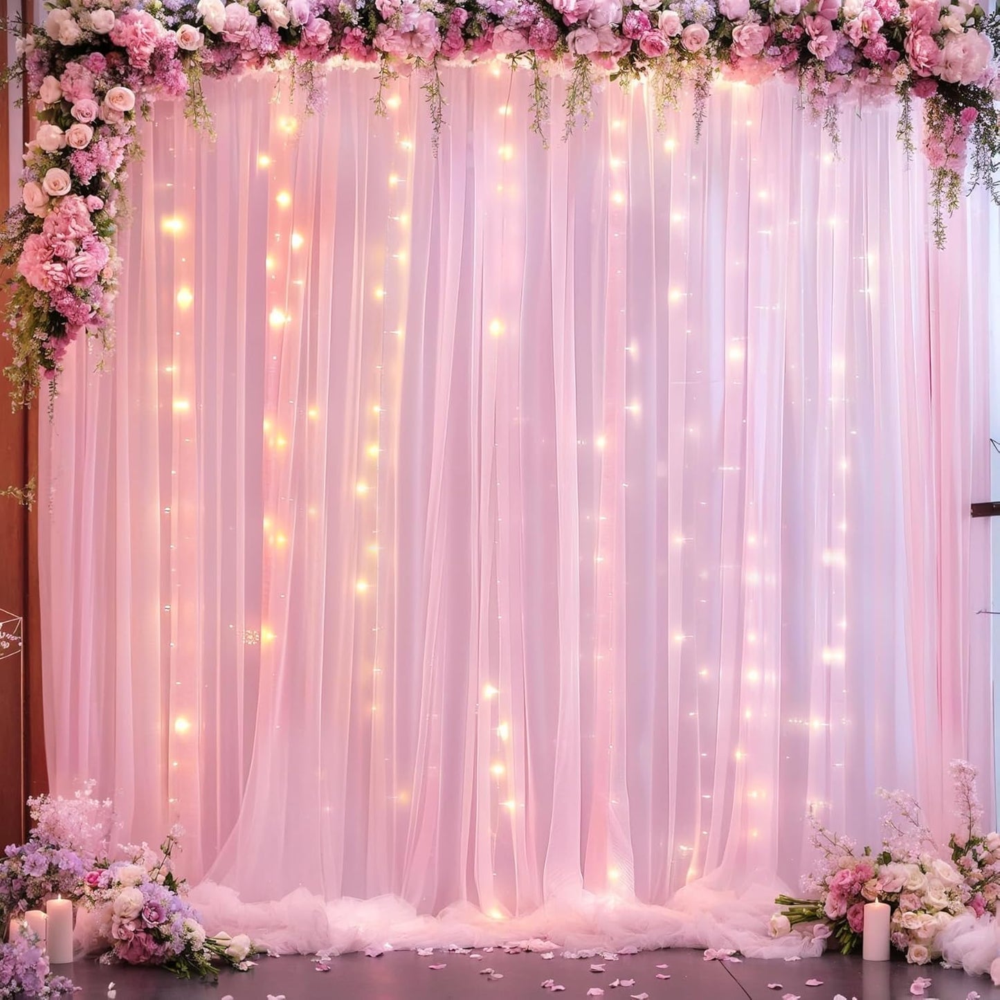 10ft x 10ft Pink Tulle Photo Backdrop Curtain with Lights String for Parties Wedding Sheer Baby Pink Curtain Backdrop for Birthday Party Baby Shower Photo Booth Photography Background Decorations