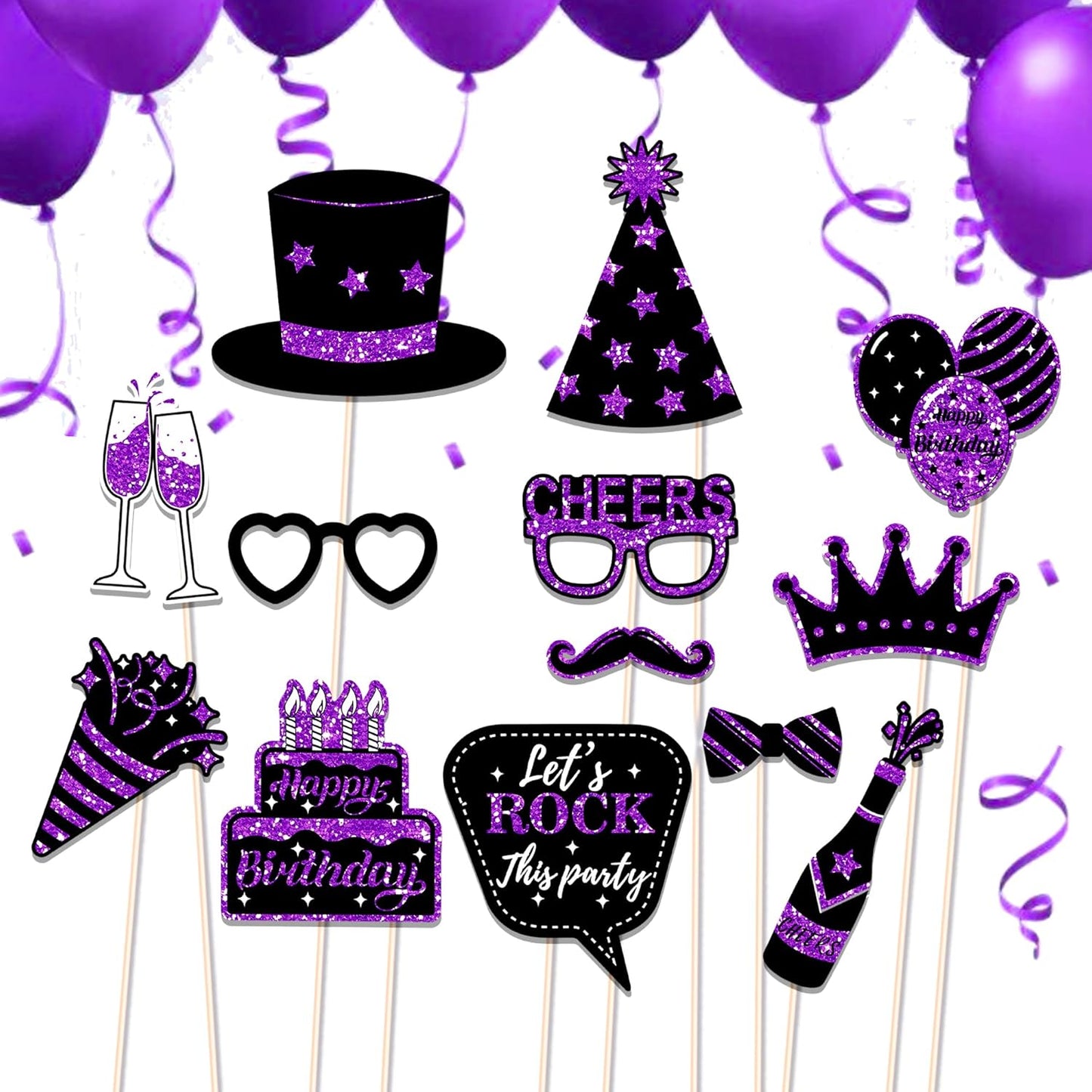 36 PCS Birthday Photo Booth Props Party Supplies Holiday Picture Decorations Photo Booth Props for Birthday Party Favors Pose Sign Kit Fun for Party (Purple and Black)