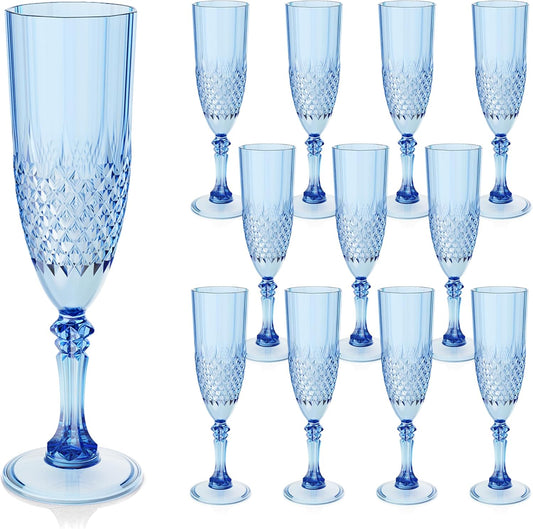 Plastic Champagne Flutes, 12PCS Blue Wine Glasses Goblets Cups Reusable Flute, for Weddings Bachelor Parties Toasting and Events (12, Blue)