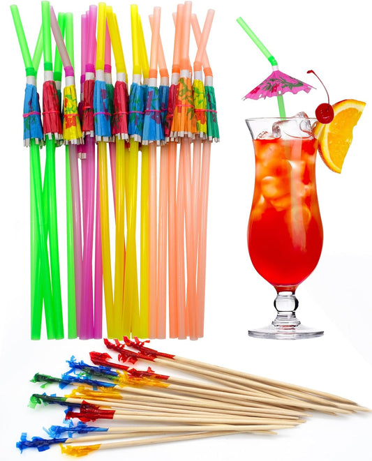 BLUE TOP Cocktail Picks&Umbrella Drink Straws Set-400pcs 4Inch Frill Picks+50pcs 9.5 Inch Drink Straw Umbrella,Cocktail Toothpicks & Straws for Fruit,Appetizers,Club Sandwiches,Drinks.