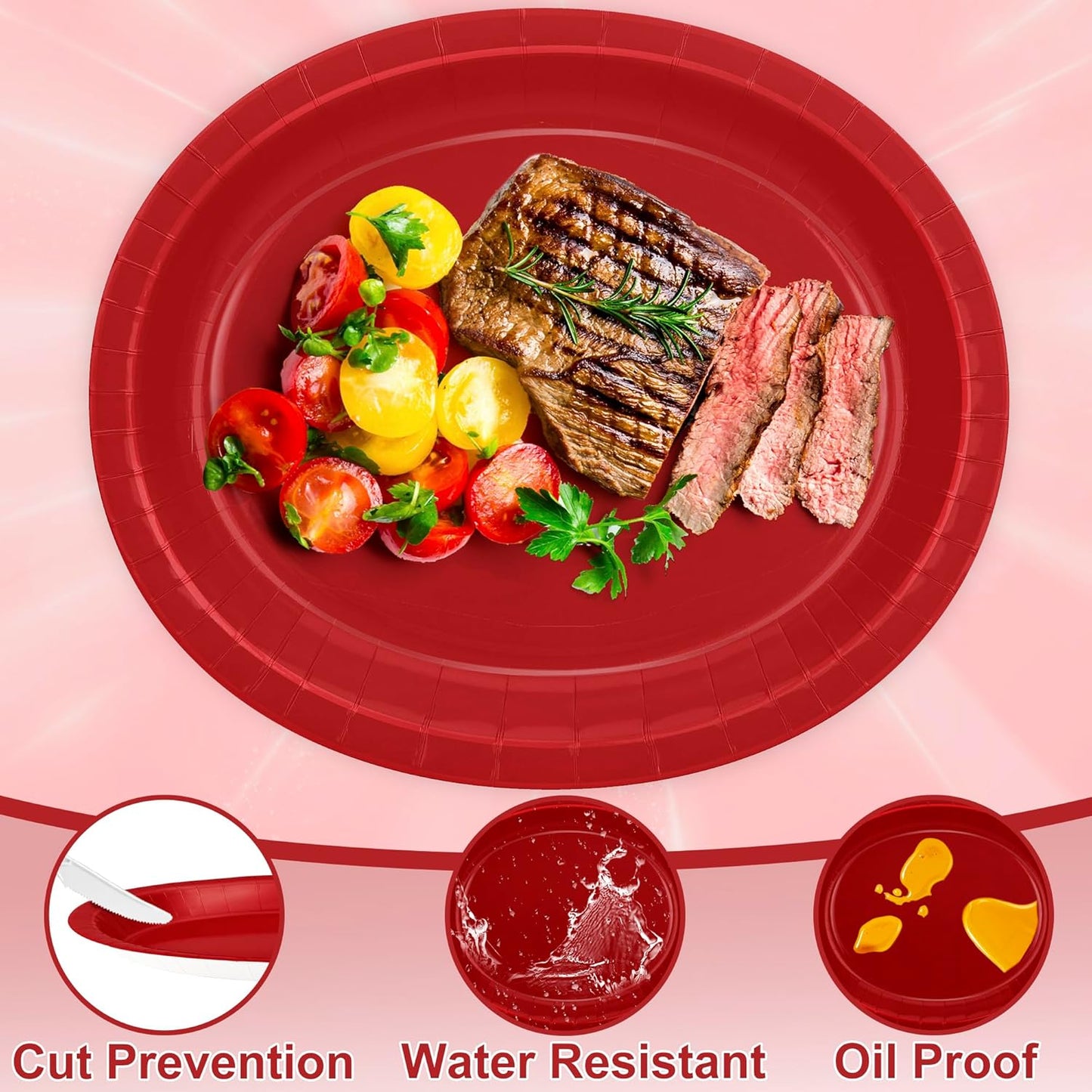 QZYL 50 Pcs Party Decorations, 12.2'' X 10.2'' Oval Large Paper Plates, Red Disposable Heavy Duty Paper Plates for Birthday Party, Wedding, Picnic, Barbecue, Holiday