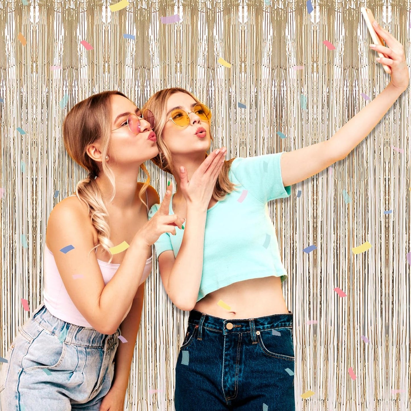 3 Pack Champagne Gold Foil Fringe Curtain Backdrop, 3.28Ft x 8.2Ft Metallic Tinsel Foil Fringe Streamer Curtains for Photo Booth, Christmas Day, Thanksgiving, Wedding, New Year Party Decorations