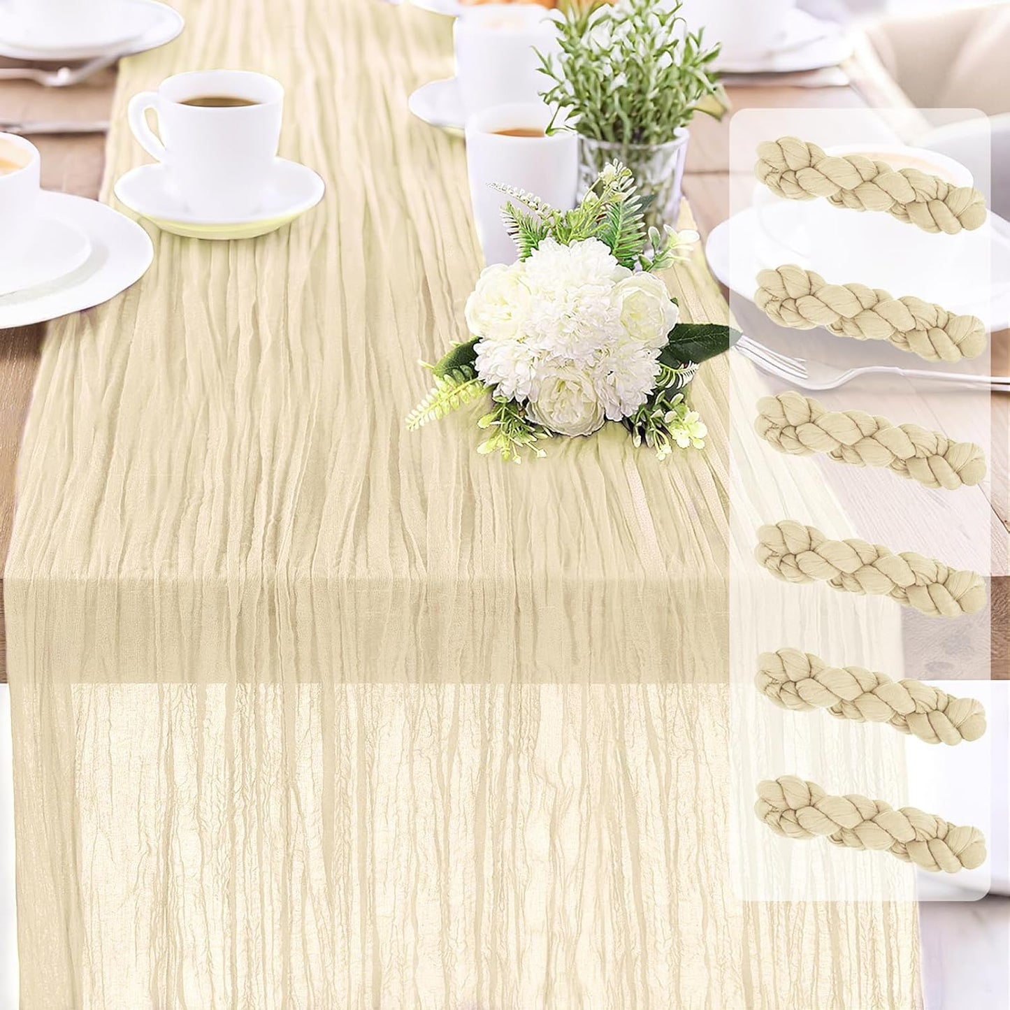6-Pack Beige Cheesecloth Table Runners – 10FT (35x120 Inch) Boho Rustic Gauze Fabric Cheese Cloth Table Runner for Weddings, Baby Showers, Bridal Shower, Farmhouse & Birthday Party Decor