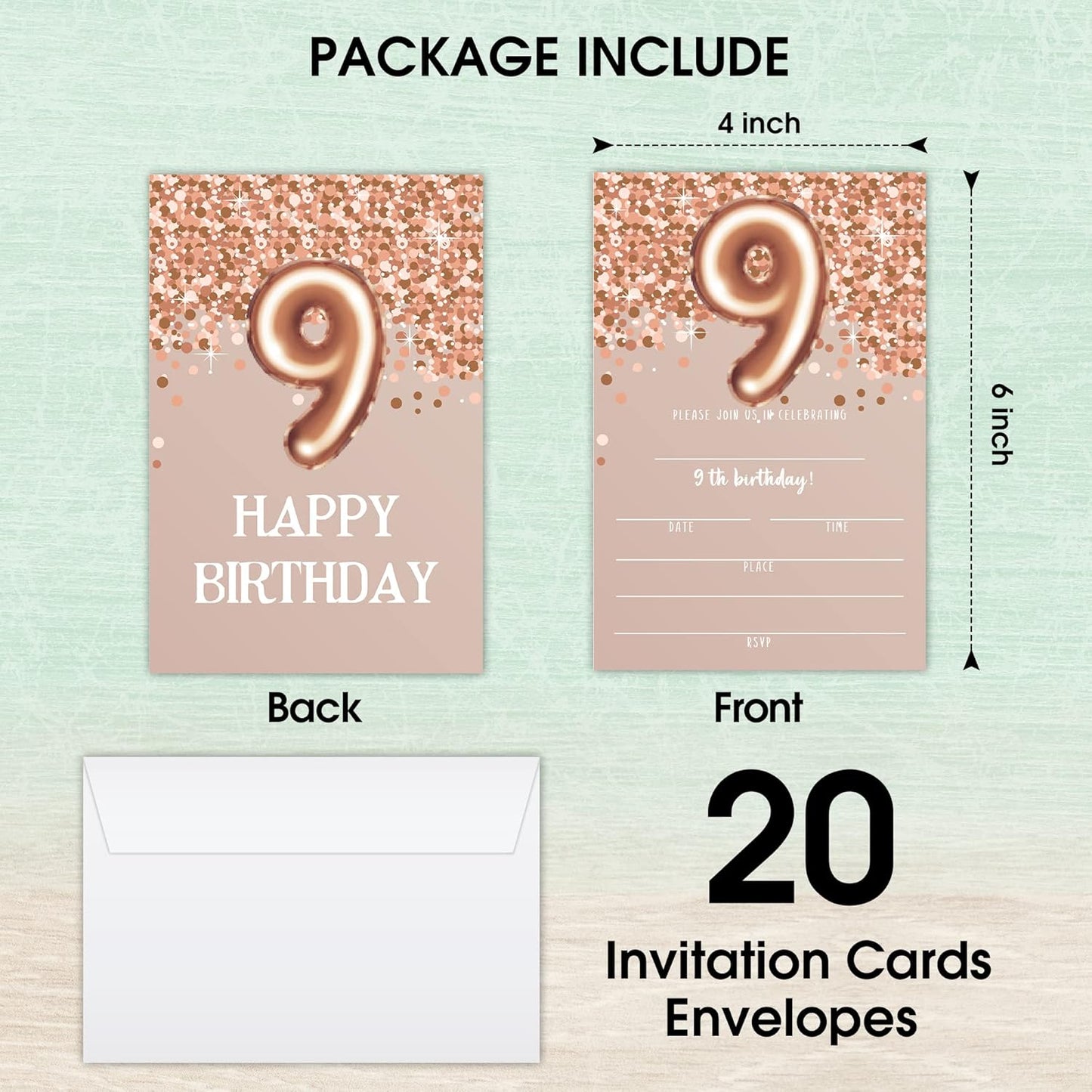 9th Birthday Invitation Cards, Rose Gold Glitter 9th Birthday Party Invites, Kids Happy Birthday Party Decorations Supplies, 20 Fill-in Cards with Envelopes for Boys or Girls Party Celebration - C01