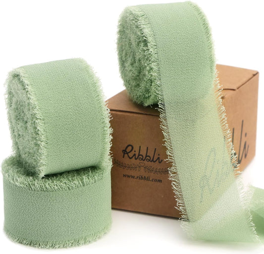 Ribbli Sage Green Ribbon 1 Inch x 3 Rolls Total 24 Yards Green Handmade Fringe Chiffon Silk Ribbon for Wrapping Wedding Invitations Bridal Bouquets DIY Crafts Home Decor