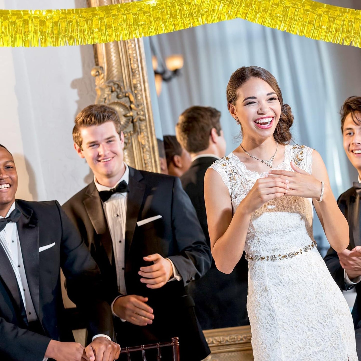 6 Pack 10 Feet Foil Fringe Garland Metallic Tinsel Streamers Banner Wall Hanging Curtain Backdrop Banner for Parade Floats, Thanksgiving, Christmas, Birthday, Halloween Party Decorations(Gold)