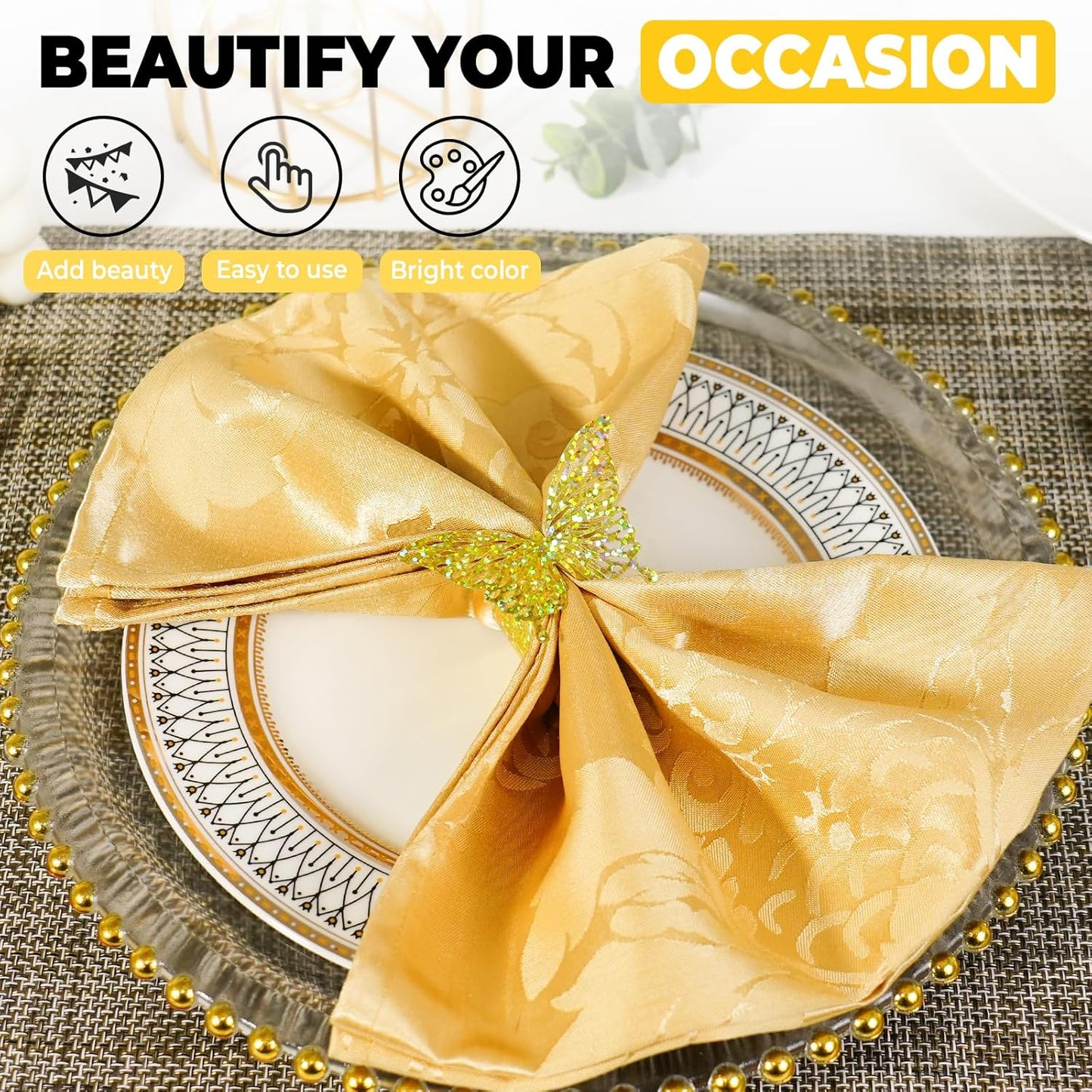 100 Pcs 3D Gold Butterfly Iridescent Napkin Rings Silverware Wraps Bands,Table Setup Sequined Wedding Valentines Day Event Party Supply Settings, Glossy Serviette Buckles Decoration(Gold)