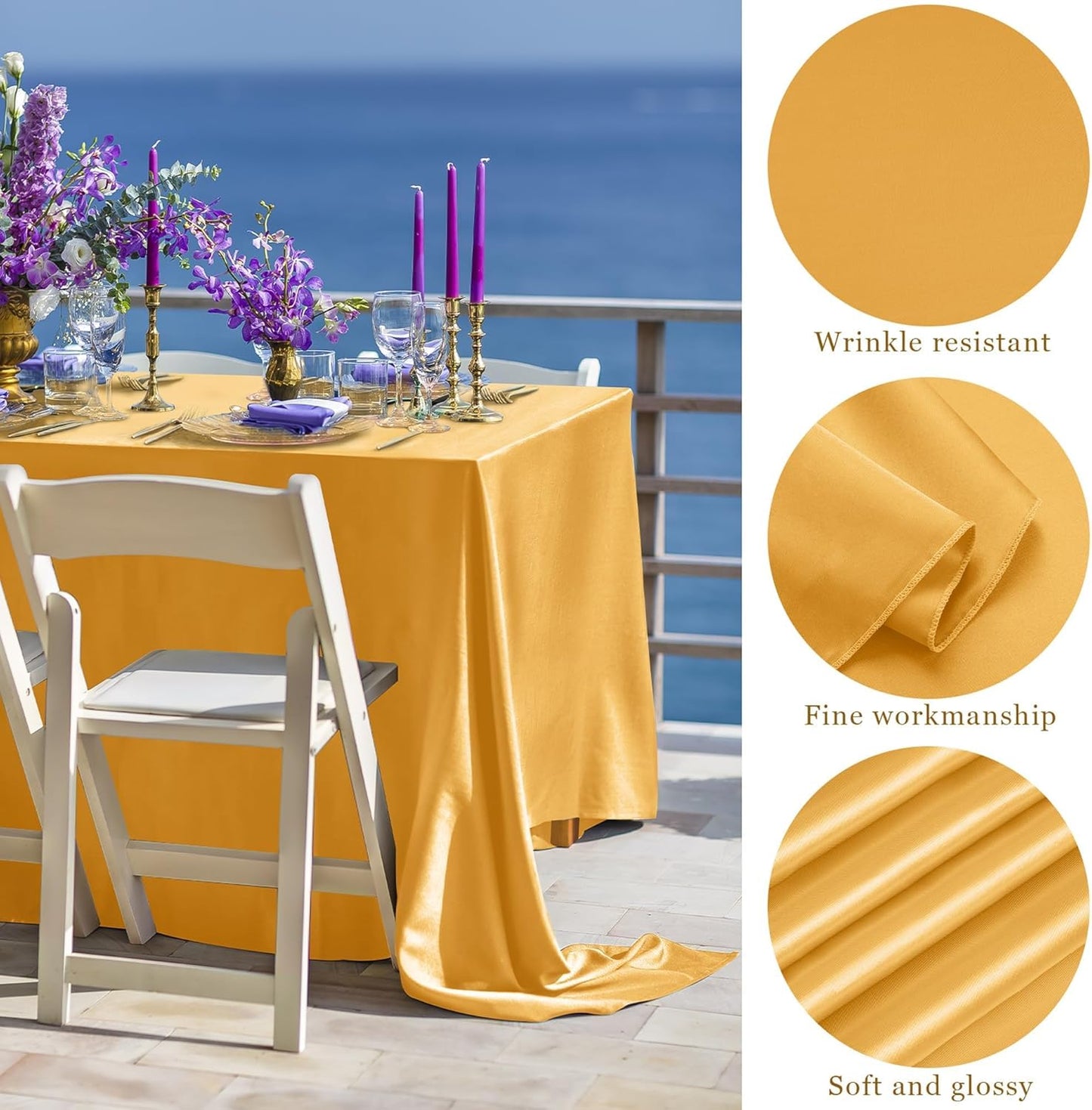 TURSTIN 4 Packs Gold Satin Tablecloth 102 x 58 Inch Overlay Satin Table Cover Rectangle Bright Silk Tablecloth Smooth Fabric Table Decoration for Wedding Banquet Party Events