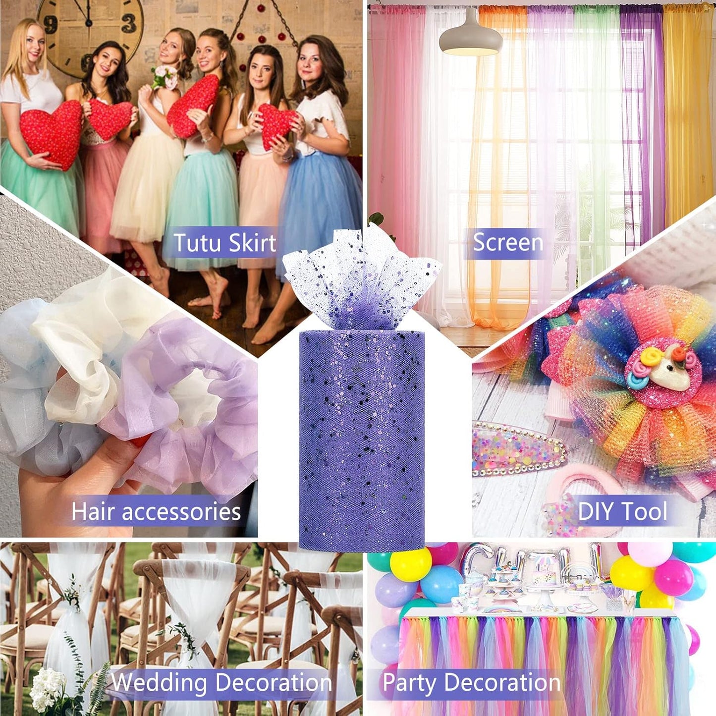 Glitter Tulle Rolls, 6” by 50 Yards (150FT) Sparkling Tulle Spool Ribbon Sequin Tulle Netting Fabric for Tutu Skirt Wedding Birthday Baby Shower (Purple)