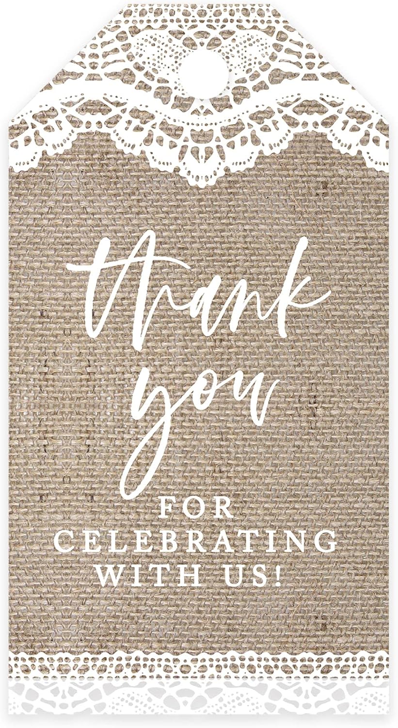 Andaz Press 100-Pack Thank You for Celebrating with Us Favor Tags Burlap Lace Cardstock Gift Tags with Bakers Twine for Wedding Baby Shower Bridal Shower Birthday Party Favors 2 x 3.75-Inches