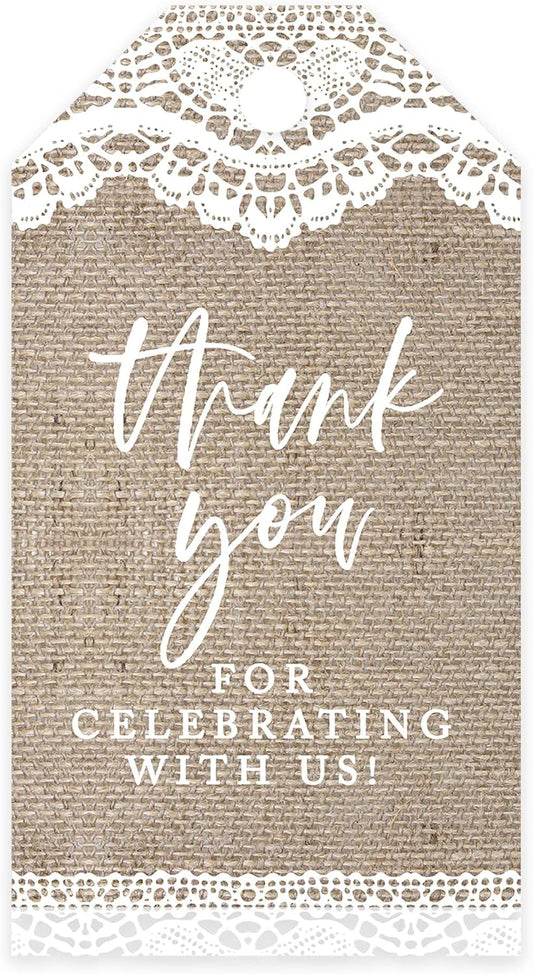 Andaz Press 100-Pack Thank You for Celebrating with Us Favor Tags Burlap Lace Cardstock Gift Tags with Bakers Twine for Wedding Baby Shower Bridal Shower Birthday Party Favors 2 x 3.75-Inches