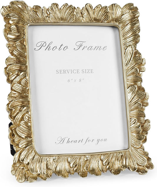 Cuspin 6x8 Picture Frame Vintage Gold Frames, Gold Palm Leaves Textured Hand-Crafted Resin Frames with Glass Front, Elegant Retro Decorative Photo Frame for Wall and Tabletop Display Home Decor
