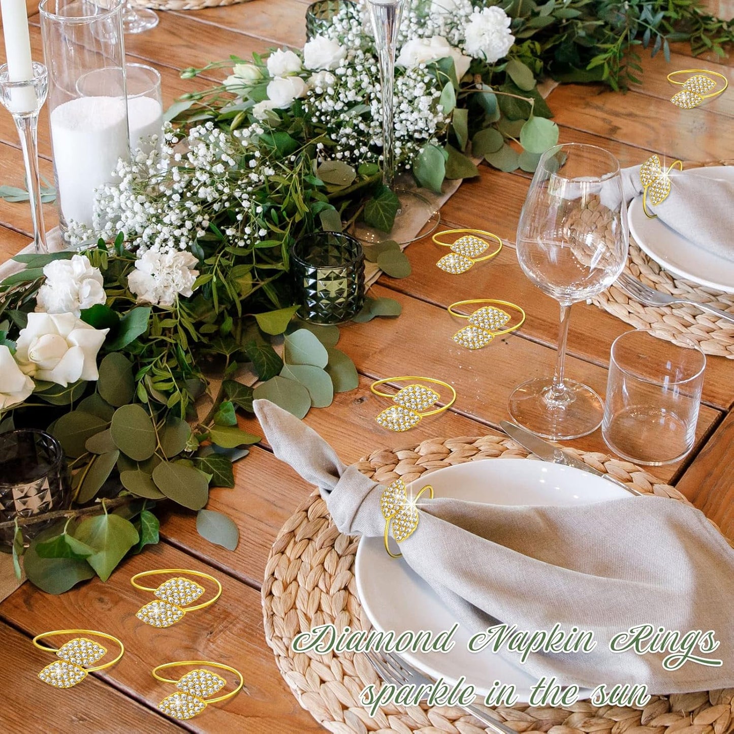 Hotop 500 Pcs Napkin Rings Gold Table Decorations, Elegant Bling Leaves Napkin Rings, Rhinestone Guest Towels Buckle for Wedding Gold Party, Thanksgiving Christmas Dinner Banquet Table Decoration
