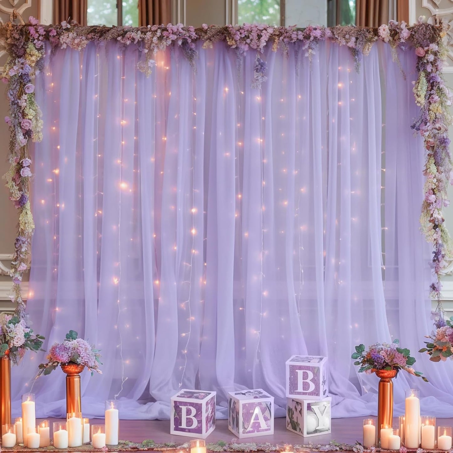 10×10ft Purple Tulle Backdrop Curtain with Lights String for Parties, Sheer Photo Curtain Backdrop Drapes for Wedding Party Photography Backgrounds