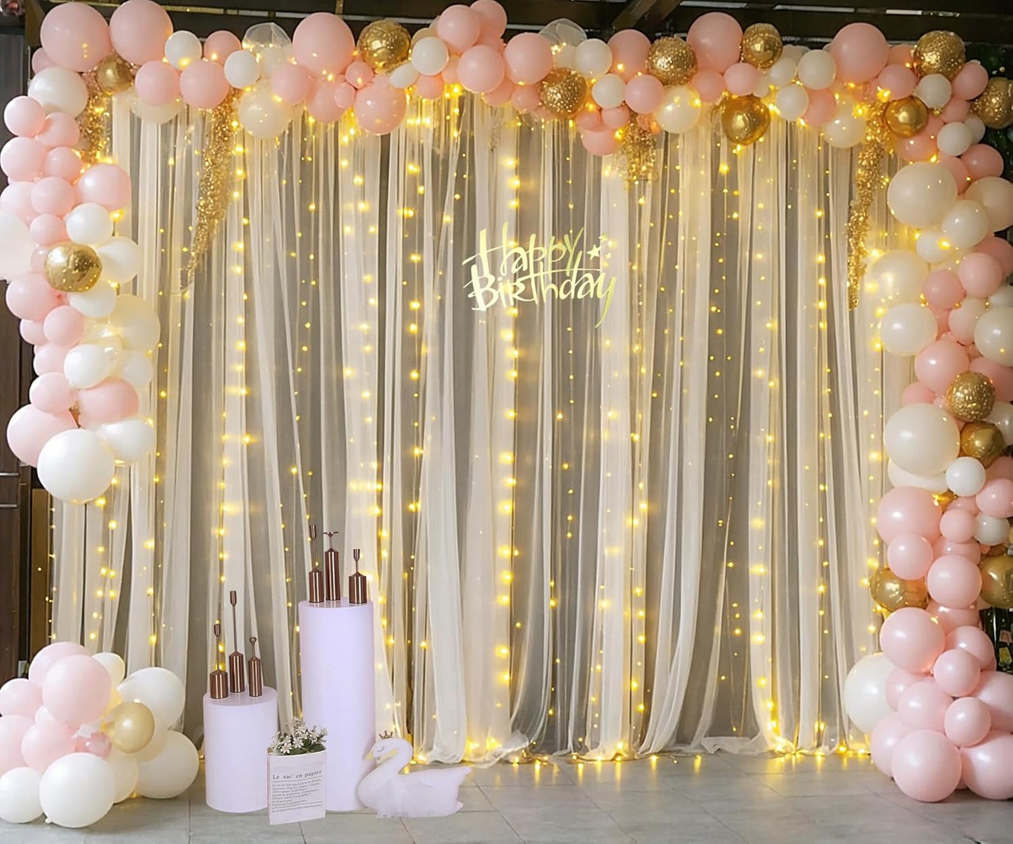 Champagne Tulle Photo Backdrop Curtain with Lights String for Parties Wedding Bridal Shower Sheer Champagne Curtain Backdrop for Birthday Party Baby Shower Photo Booth Photography 20ft x 10ft