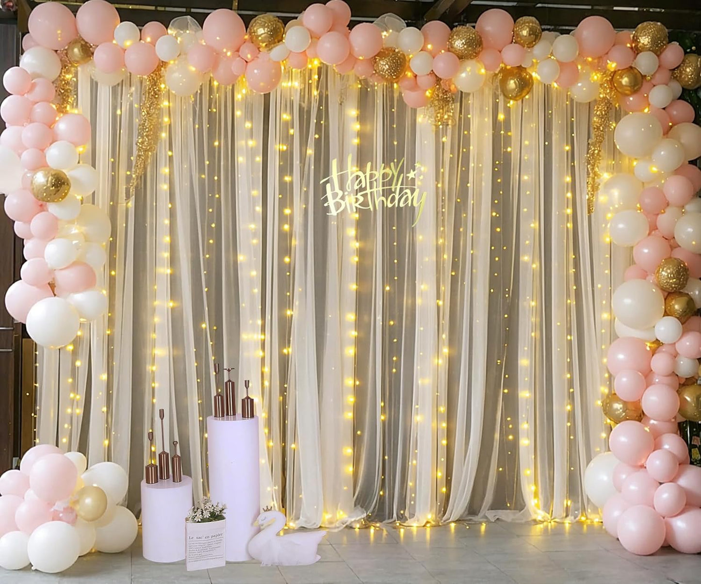 Champagne Backdrop Curtains with Lights String for Wedding Parties 10×10ft Sheer Tulle Backdrop Curtain for Bridal Shower Baby Shower Birthday Party Photo Shoot Decorations 2 Panels 5×10ft