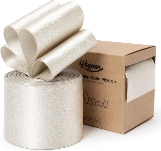 Champagne Satin Wired Ribbon 2-1/2 Inch Double-Faced Sliver Glitter Christmas Ribbons for Wreath, Tree Decoration, Gift Wrapping, Home Decor 10 Yards