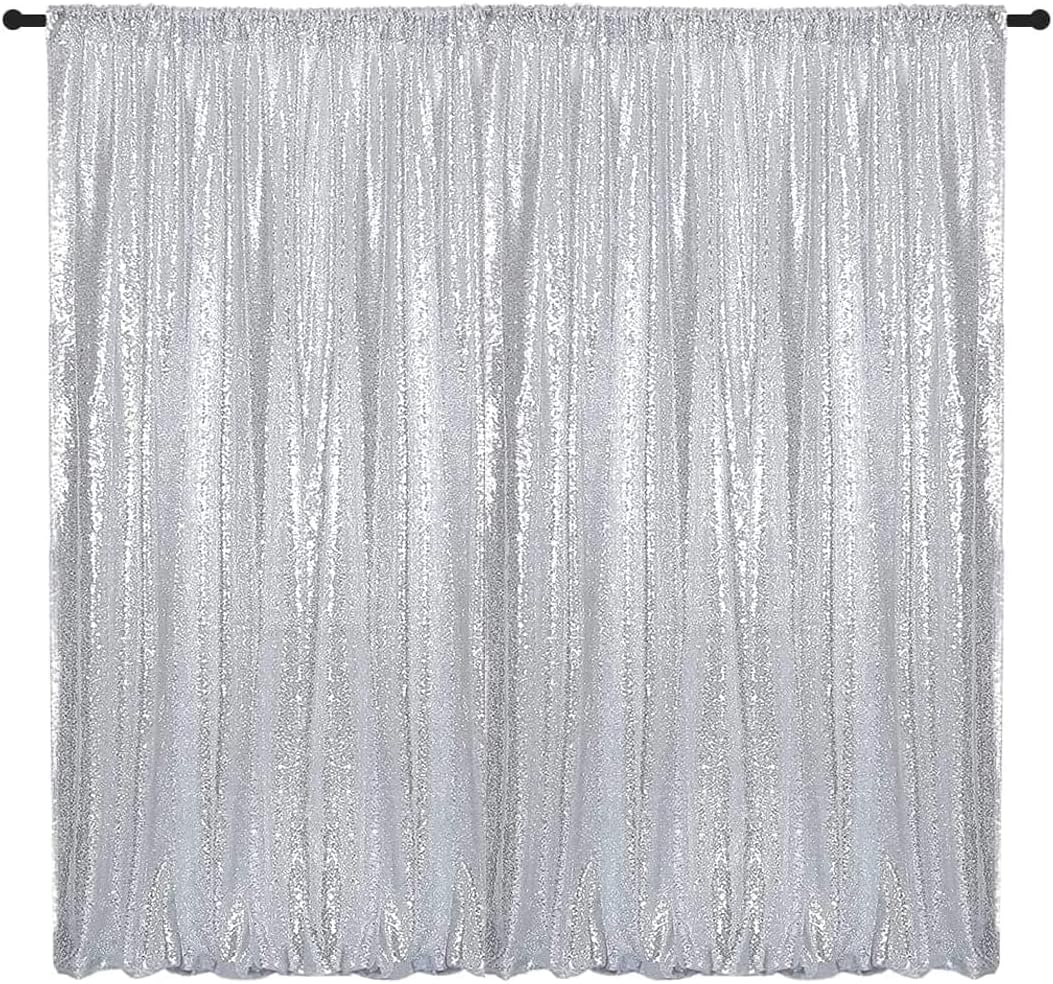 Silver Sequin Backdrop Curtains 8FTx8FT 1 Sequin Backdrop Curtains Panel Sparkly Background Drapes Glitter Photo Background for Wedding Baby Shower Stage Decorations