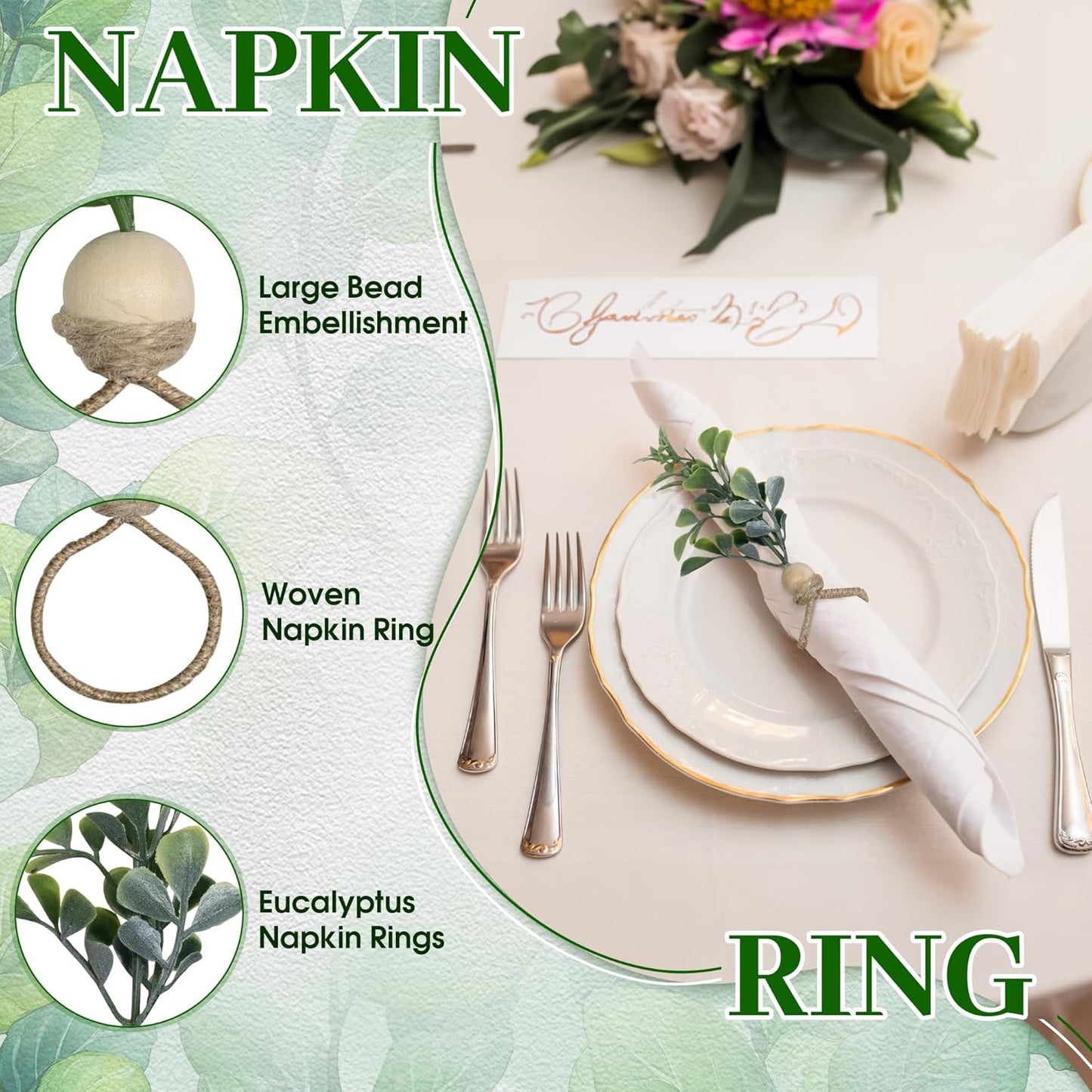 MAOANME Napkin Rings Set of 12, Rustic Eucalyptus Napkin Holder Rings with Wood Bead, Farmhouse Green Leaf Napkin Ring Bulk, Boho Napkin Ring for Wedding, Table Decor