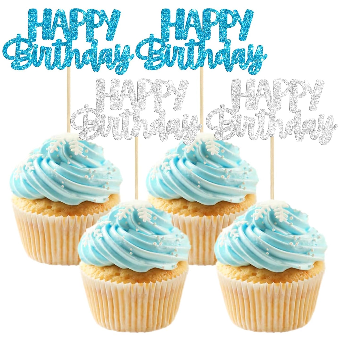 Gyufise 24Pcs Happy Birthday Cupcake Toppers Glitter Birthday Cupcake Food Picks for Celebrating Winter Wonderland Theme Party Cake Decorations Supplies Blue Silver