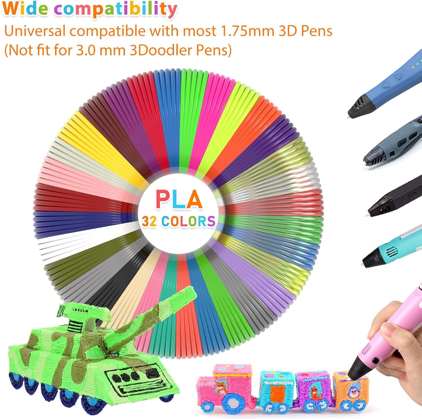 FIROS PLA 3D Pen Filament Refills Pack, 32 Colors 3D Pen PLA Filament, Each Color 16.4 ft,3D Printing Pen PLA Filament, Compatible with SCRIB3D MYNT3D 3D Pen, Not Suitable for 3Doodler
