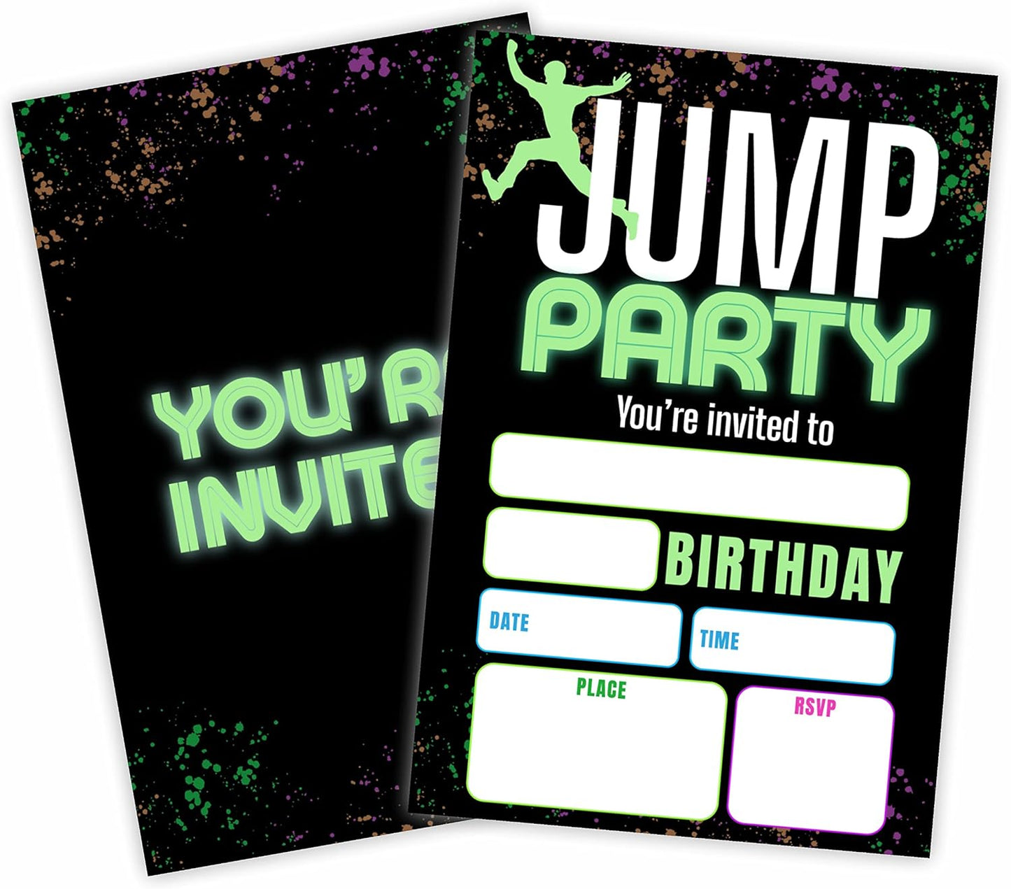 Jump Party Birthday Invitations, Glow Trampoline Birthday Party Invite Cards（20 Count) With Envelopes, Fill In Style Invite Cards For Boys & Girls, Birthday Party Supplies-B01