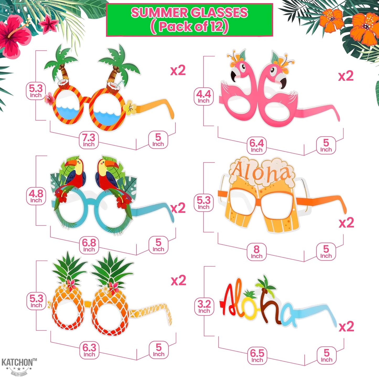 KatchOn, Luau Glasses for Luau Party Decorations - Pack of 12 | Luau Photo Booth Props, Hawaiian Party Decorations | Hawaiian Photo Booth Props, Aloha Party Decorations | Hawaiian Glasses Decorations