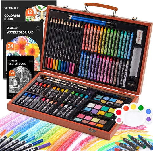 Shuttle Art 106 Piece Deluxe Art Set, Art Supplies in Wooden Case, Painting Drawing Art Kit with Crayons Colored Pencils Oil Pastels Watercolor Cakes Coloring Book Sketch Pad for Kids Adults