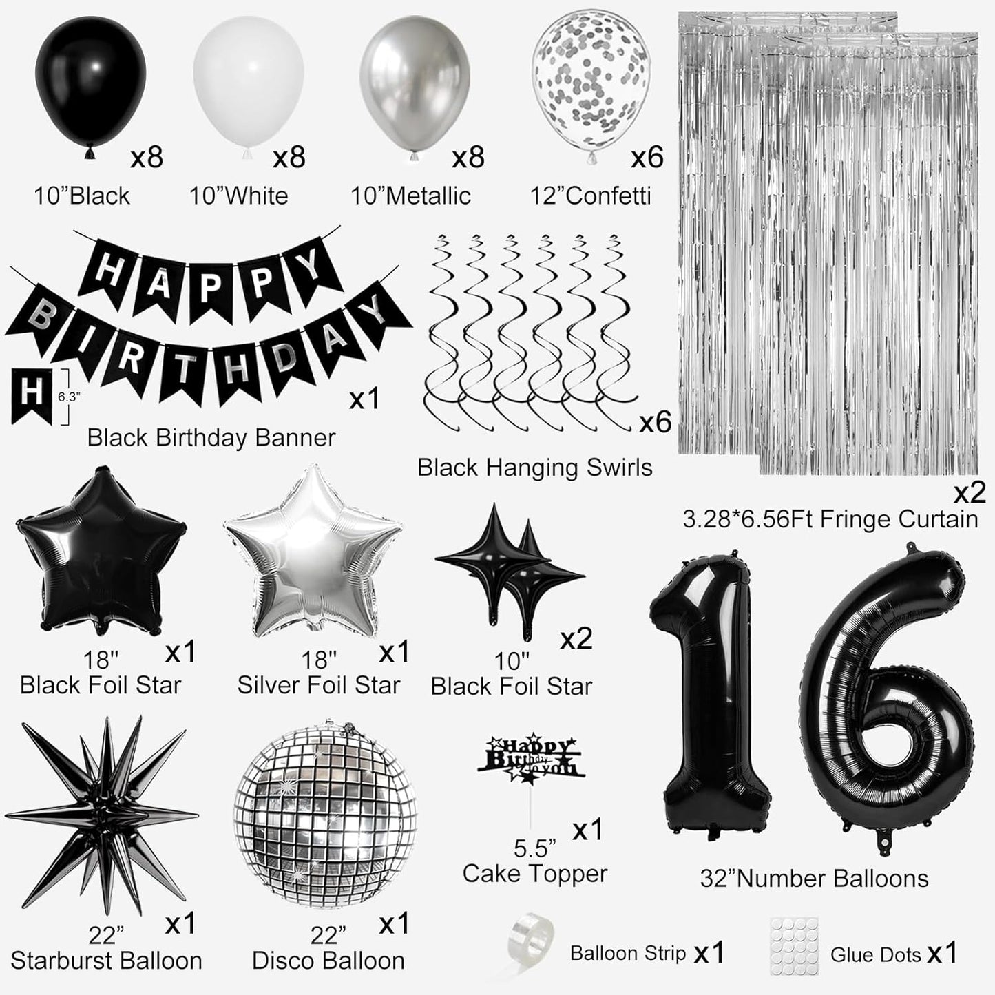 16th Birthday Decorations for Boys Girls, Black Silver Happy Birthday Party Decorations， 16 Year Old Party Supplies with Number 16 Balloons, Banner, Fringe Curtains Kit