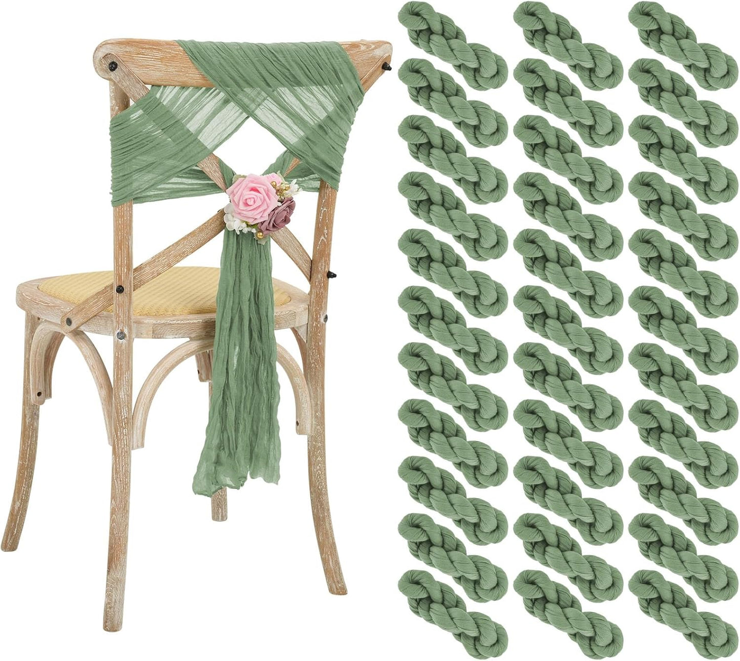 50 PCS Cheesecloth Chair Sashes Bows Wedding Aisle Decorations Chair Ribbon Ties Back Sash for Wedding Party Events Banquet Chair Cover Decoration (Sage Green)
