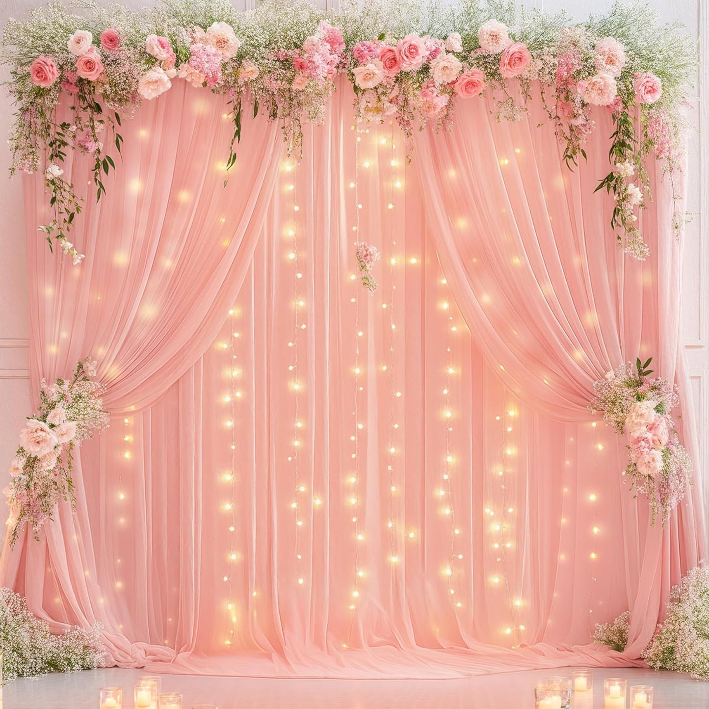 Wish Care 10ft x 10ft Baby Pink Chiffon Backdrop Curtain with Lights String for Parites Wedding Wrinkle Free Curtain Photo Backdrops Drapes for Baby Shower Birthday Party Home Decorations