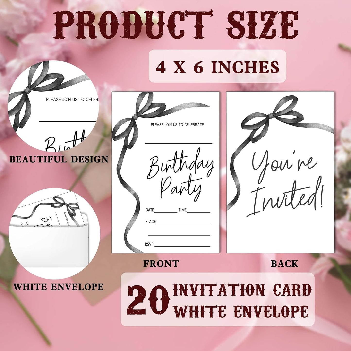 SIXEIGHT Black Bow Birthday Invitations, Black Ribbon Bow Birthday Party Invitations, 20 Party Invitations with Envelopes for Girls Boys, Birthday Party Favor & Decoration (4"x6")-A03