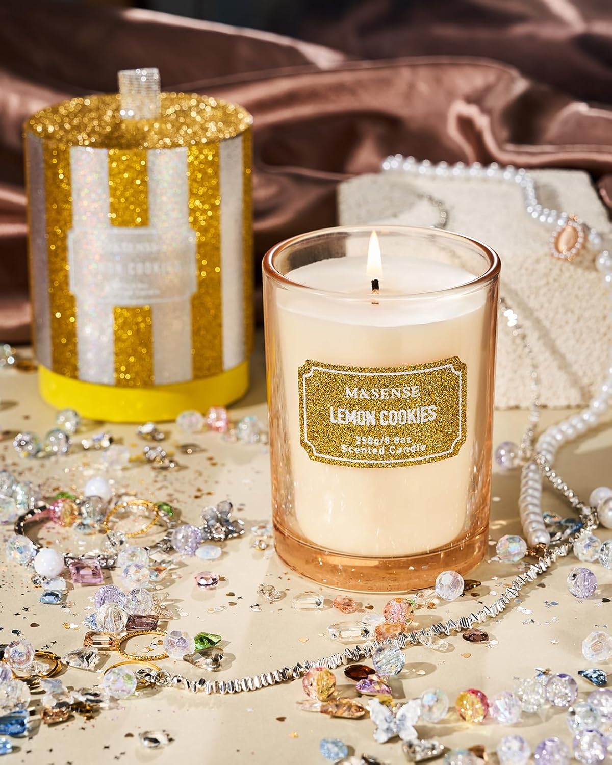 M&SENSE Lemon Scented Candle, Classic Size 8.8 oz Glitter Jar, Holiday Gifts for Women, Strong Scented Natural Soy for Winter Home Decor, 50 Hours Long Burning