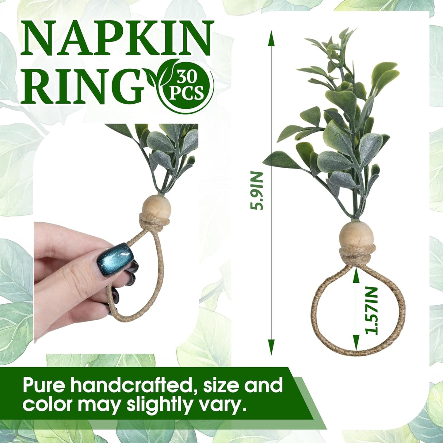 MAOANME Napkin Rings Set of 30, Rustic Eucalyptus Napkin Holder Rings with Wood Bead, Farmhouse Green Leaf Napkin Ring Bulk, Boho Napkin Ring for Wedding, Table Decor