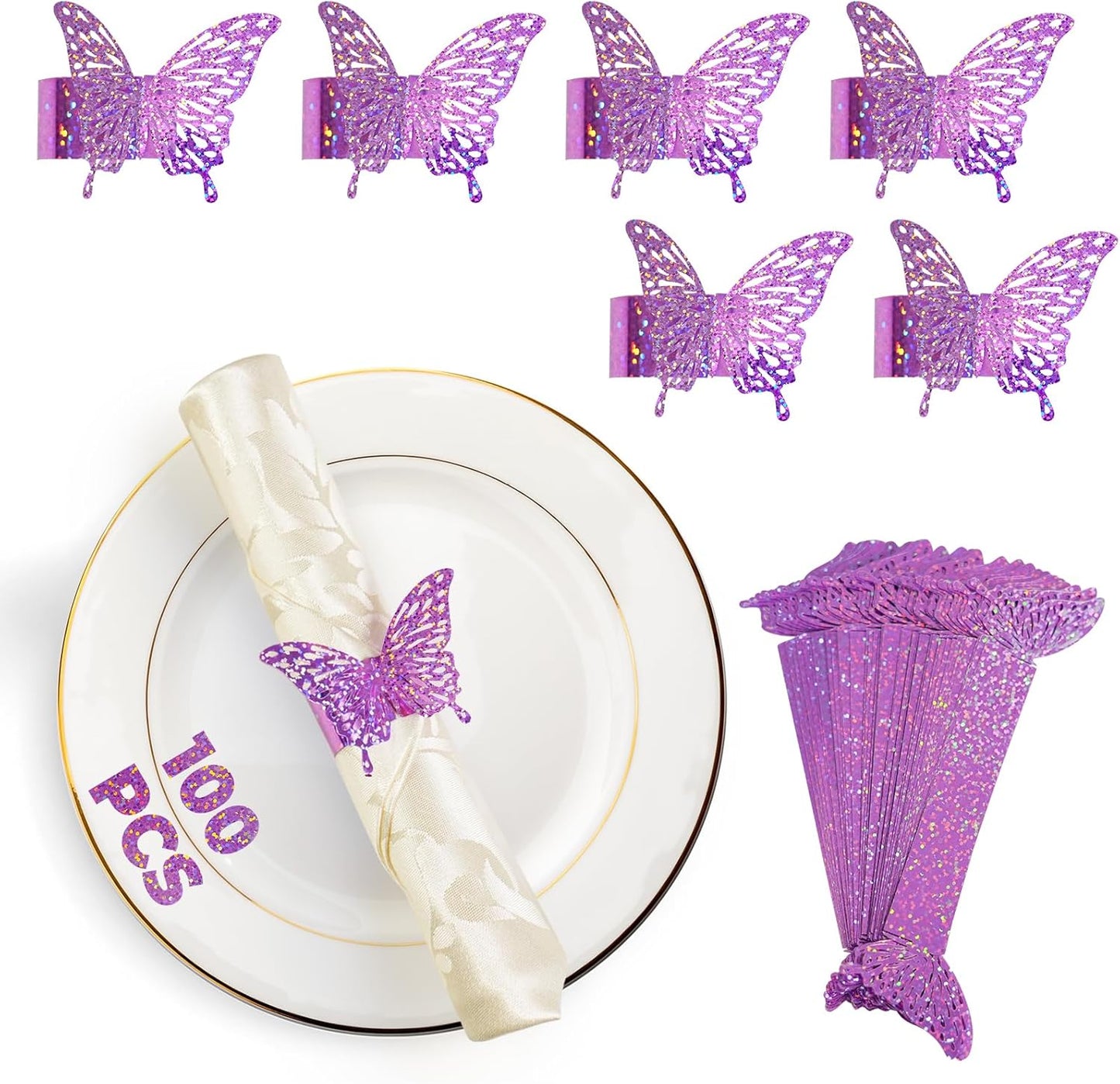 100 Pcs 3D Purple Sequined Butterfly Napkin Rings Silverware Wraps Bands,Iridescent Table Setup Wedding Valentines Day Event Party Supply Table Settings, Glossy Serviette Buckles Decor（Purple）