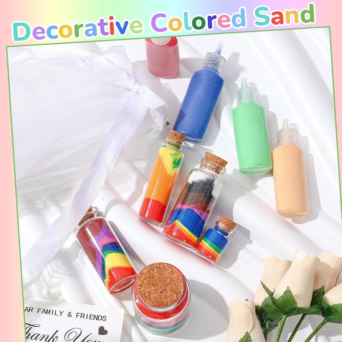 Wettarn 60 Pcs 1.25 oz Sand Art Bottle Kits 60 Colors of Sand and Bottle for Rangoli Art Painting DIY Drawing Favor Diwali Wedding Decoration Vase Glass Crafty Collection (Multicolor)