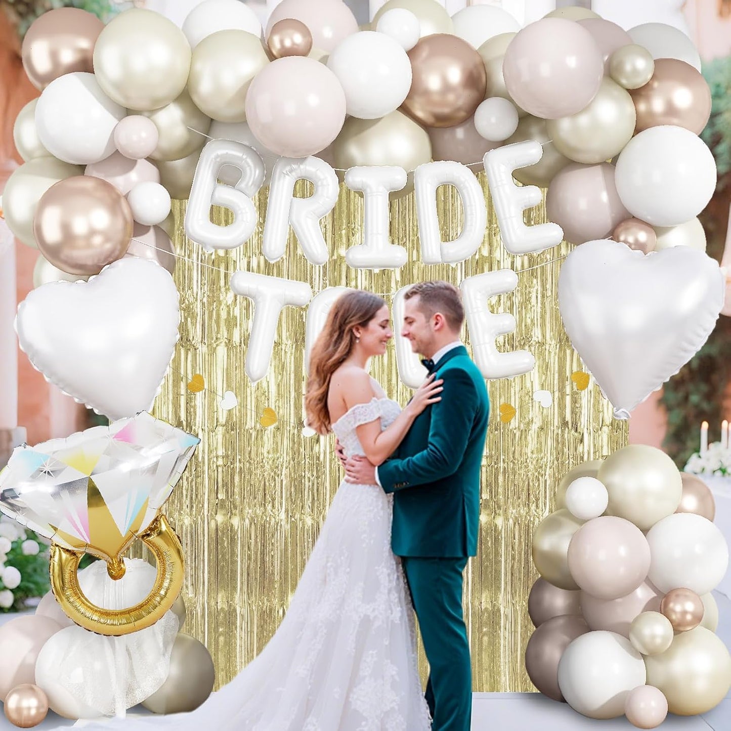 White Gold Bachelorette Party Decorations, Bride To Be Mylar Foil Letter Balloons with White Champagne Balloons and Light Gold Fringe Curtains for Bridal Shower Decoration Engagement Hen Party Decor